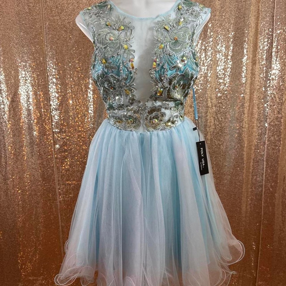 NWT Poly USA Ice Blue Sequin Beaded Tulle Homecoming Dress/Sizes XS-XL